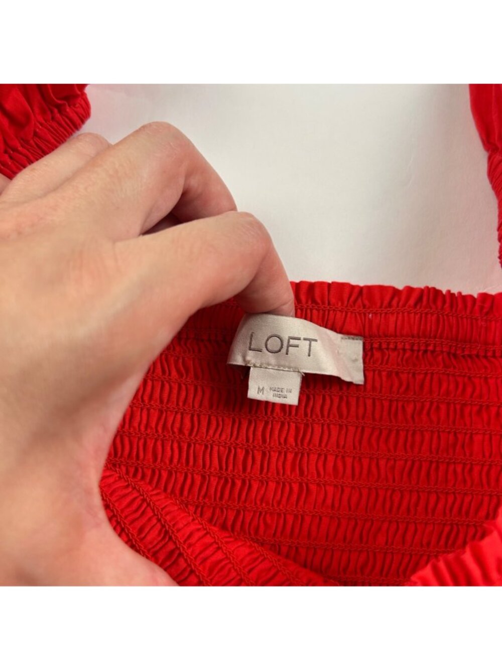 LOFT Red Cotton Smocked Bodice Puff Sleeve Mini Dress M - Picture 3 of 8